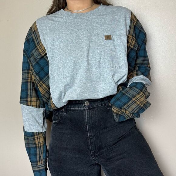 Reworked Upcycled Wrangler Two Tone Long Sleeve Relaxed Baggy Flannel Shirt Top - Picture 1 of 4